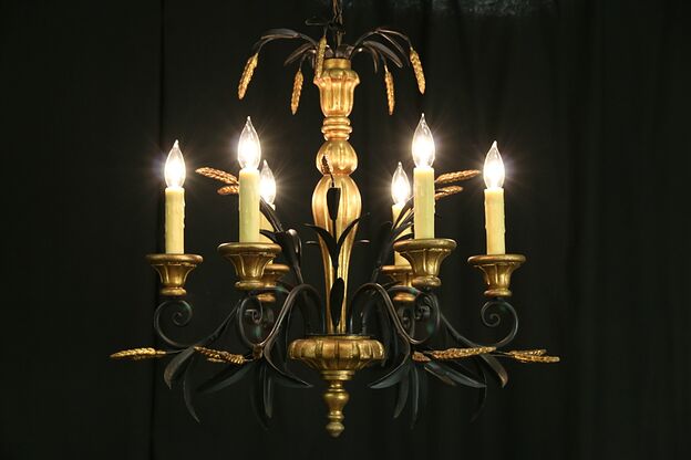 Italian Wrought Iron Wheat & Leaf Motif Vintage 6 Candle Chandelier photo