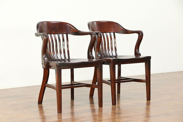 Pair Mahogany Finish Antique Banker Desk, Office or Library Chairs A #30472 photo