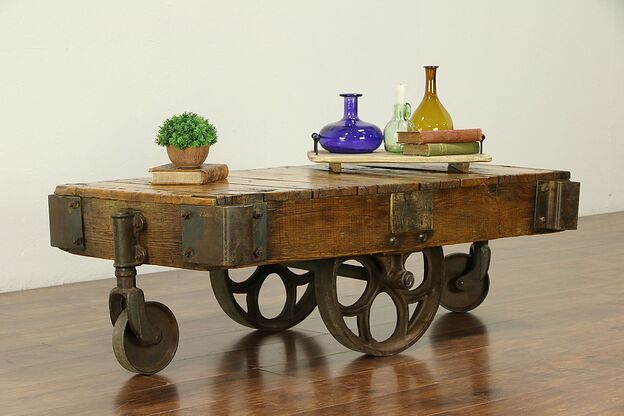 Industrial Antique Factory Salvage Railroad  Cart or Coffee Table #30535 photo