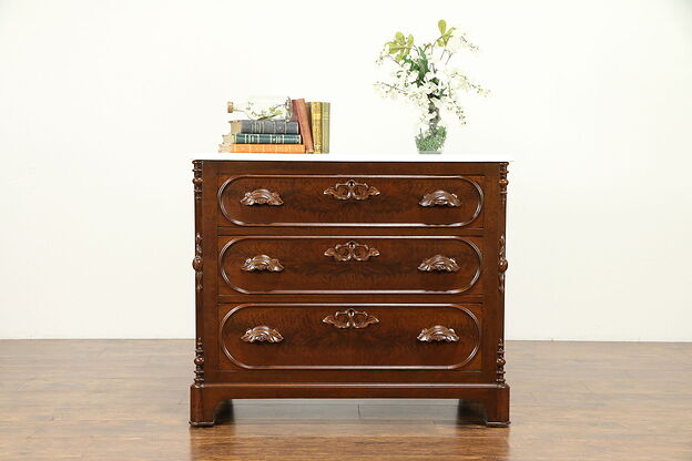 Victorian Antique Carved Walnut Dresser or Linen Chest, Marble Top #31034 photo