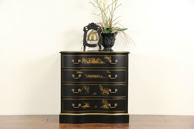 Asian Chinese Black Lacquer Vintage Hall Chest, Dresser or Nightstand photo