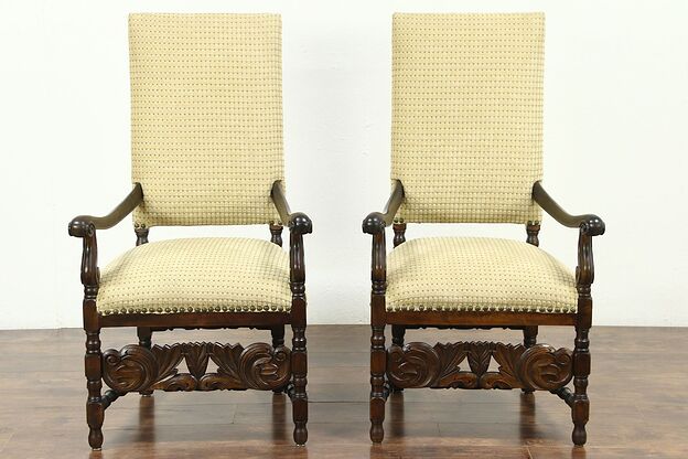 Pair of  Carved Antique Hall, Throne or Host Chairs, New Upholstery #28817 photo