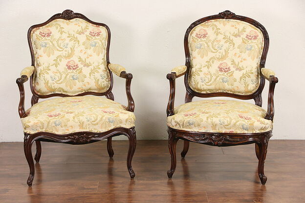 Pair of Similar French 1900 Antique Hand Carved Walnut Chairs photo