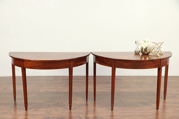Pair of Demilune Antique 1910 Mahogany Hepplewhite Hall Console Tables #29270 photo