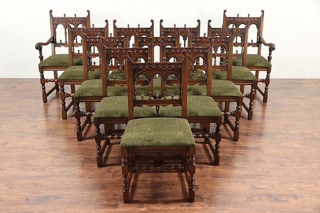 Set of 12 English Tudor Antique Carved Oak Dining Chairs, New Upholstery #29506 photo