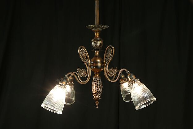 Victorian Antique Filigree Copper over Brass Chandelier, 4 Glass Shades #30683 photo