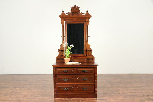 Victorian Eastlake Walnut Antique Dresser, Swivel Mirror, Jewelry Box  #21590 photo