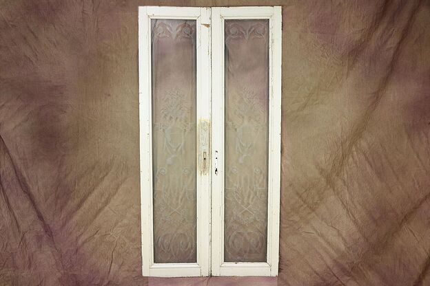 Antique Architectural Salvage French Doors, Etched Garden Scene 9'2" Tall #28157 photo