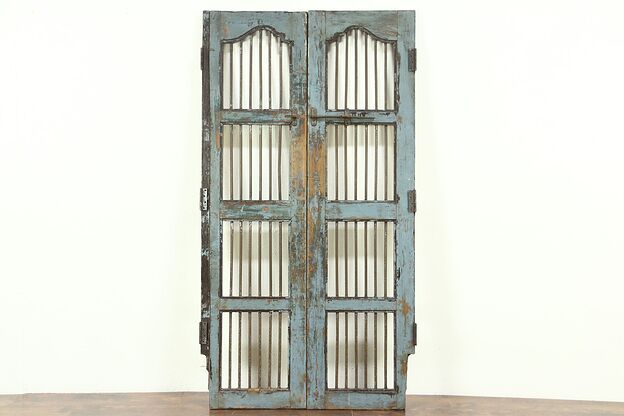 India Antique Architectural Salvage Pair 22" Gray Doors, Iron Bars, Wine Cellar photo