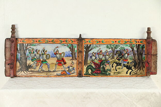 Sicilian Donkey Cart Antique Panel Fragment, Hand Painted Battle Scenes #29778 photo