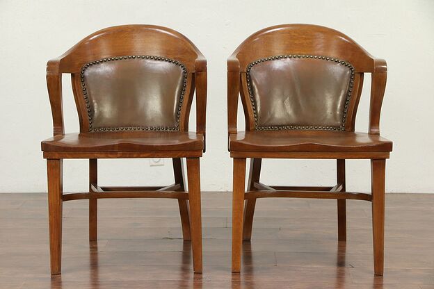Pair of Oak Antique Banker, Library or Office Chairs, Tan Leather Backs #29934 photo