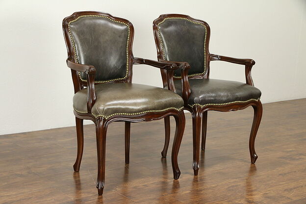 Pair of French Vintage Leather Fauteuil Chairs, Brass Nailhead Trim #31649 photo