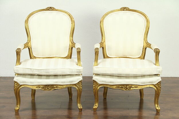 Pair of Carved French Style Chairs, Deep Gold Finish photo