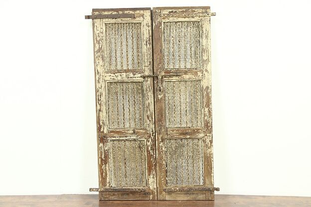 India Antique Architectural Salvage Pair 20" Cream Doors, Iron Bars Wine Cellar photo