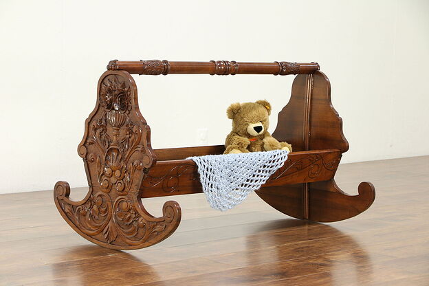 Italian Antique Hand Carved Walnut Rocking Baby Cradle Bed #30479 photo