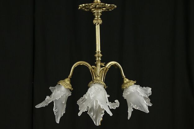 French Antique Solid Brass Chandelier, Blown & Etched Shades #32038 photo