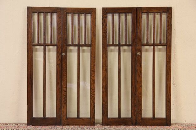 Oak 1900 Antique Arts & Crafts 2 Pair Salvage Library Doors photo