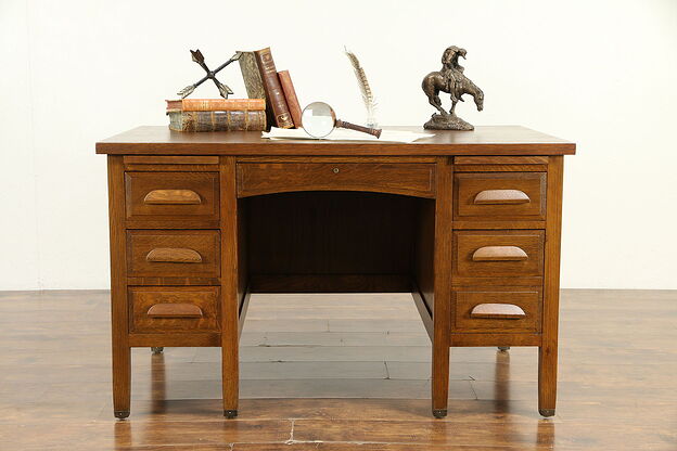 Oak Craftsman Antique Library Desk, File Drawer, Singed Jasper, IN #30715 photo