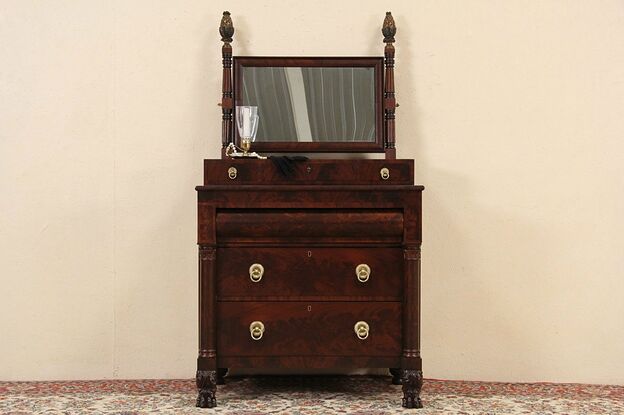Empire 1820's New York Dresser, Chest or Dressing Table & Mirror, Lion Paw Feet photo