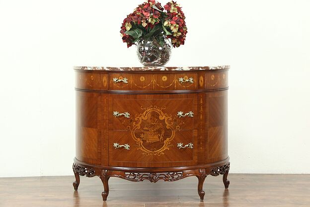 Demilune Half Round Marble Top Console Chest or Cabinet, Marquetry Scene photo