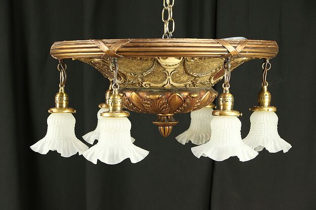 Theater Antique Ceiling Light, Hand Painted Stucco, 6 Light, Signed #30010 photo