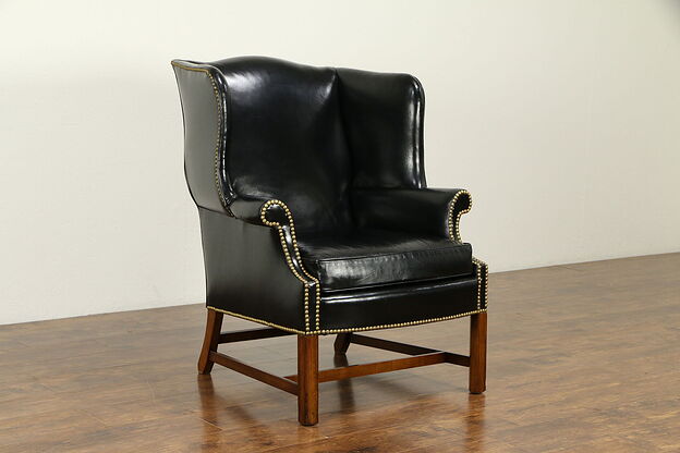 Leather Vintage Wing Chair, Brass Nailhead Trim, Signed Heritage  #31750 photo