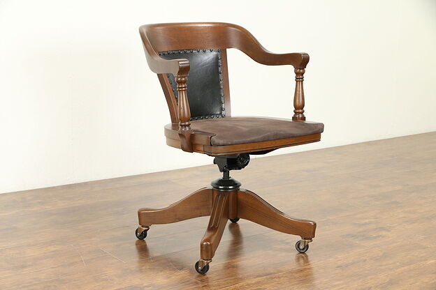Walnut & Leather Antique Swivel Adjustable Antique Desk Chair, Johnson #31095 photo