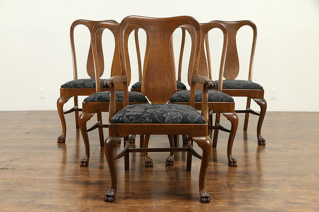 Set of 6 Quarter Sawn Oak Antique Dining Chairs, Carved Paw Feet #31694 photo