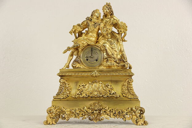 French Gilt Bronze Figural 1820's Antique Silk Suspension Mantel Clock photo