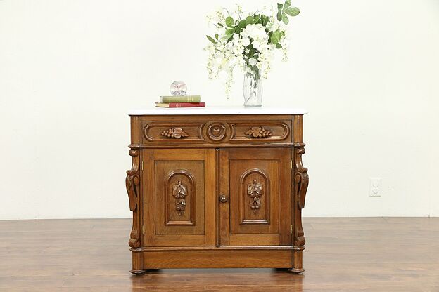 Victorian Antique Walnut Chest or Commode, Carved Grapes, Marble Top  #30442 photo