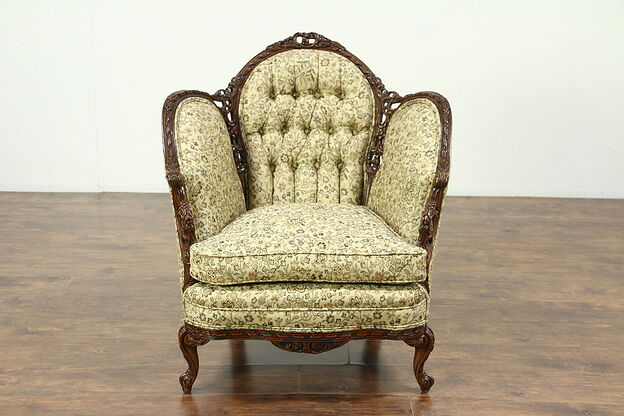 French Style Carved 1930's Vintage Chair, New Tufted Upholstery photo