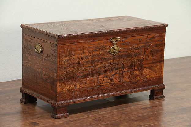 Chinese Vintage Carved Trunk, Blanket or Dowry Chest or Coffee Table #28959 photo