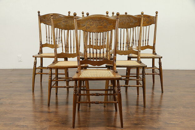 Victorian Set of 6 Antique Pressback Carved Elm & Oak Dining Chairs #31285 photo
