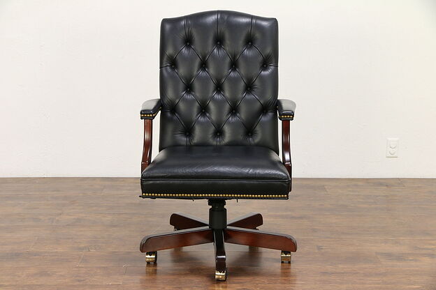 Leather Swivel Adjustable Desk Chair, Cherry Base, Brass Nails, Jasper #30612 photo
