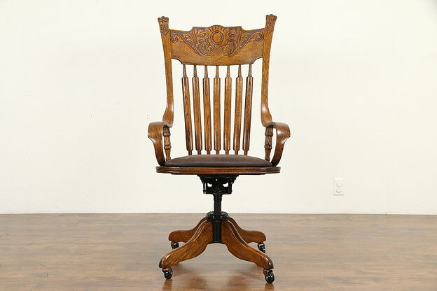 Victorian Antique Carved Oak Swivel Adjustable Desk Chair, Leather #32110 photo