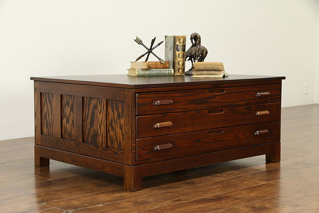 Oak Vintage Map Chest, Collector or Document File Coffee Table #32127 photo