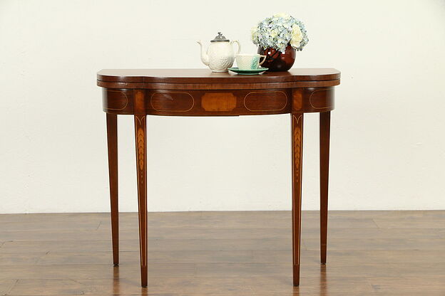 Hepplewhite Vintage Mahogany Marquetry Hall Console opens to Game Table 32156 photo