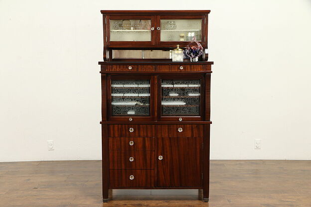 Dentist, Collector, Jewelry or Dental Antique Mahogany Cabinet, Ice Glass #32197 photo