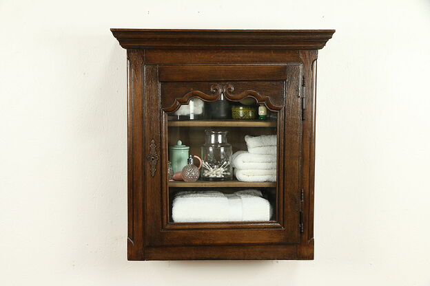Country French Carved Oak Antique Medicine Cabinet, Hanging Cupboard #32195 photo