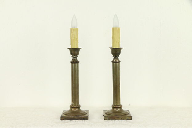 Pair of Antique Brass Candlestick Lamps, Beeswax Candles #32201 photo