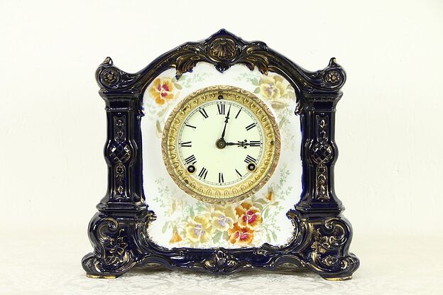 Victorian Antique Cobalt Blue China Clock, Royal Bonn, Ansonia, NY #32271 photo