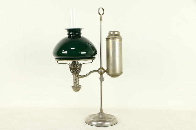 Victorian Antique Emerald Student Desk Lamp, Oil Kerosene, Manhattan 1876 #32288 photo