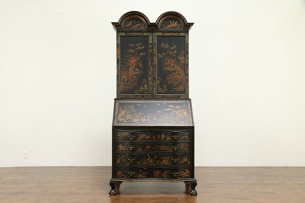 Hand Painted Lacquer Chinese Style Antique Secretary Desk & Bookcase #32311 photo