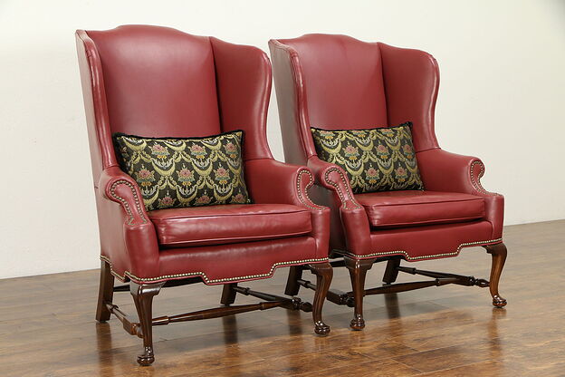 Pair of Vintage Mahogany Wing Chairs, New Red Leather Upholstery  #32321 photo