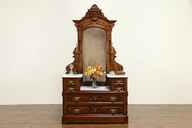Victorian Antique Walnut Chest or Dresser, Marble & Mirror, Secret Drawer #32333 photo