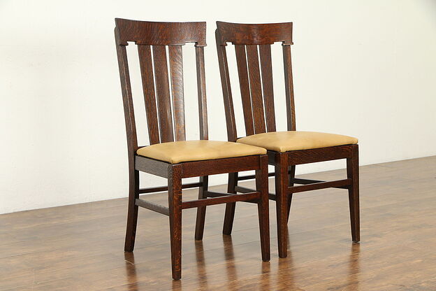 Pair Arts & Crafts Mission Oak Antique Dining or Library Chairs, Leather #32335 photo