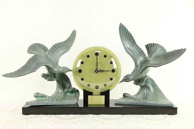 French Art Deco 1930 Vintage Onyx & Marble Clock with Bird Sculptures #32343 photo