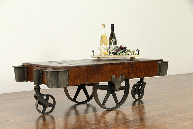 Industrial 1900's Antique Railroad Salvage Oak & Iron Cart, Coffee Table #32386 photo
