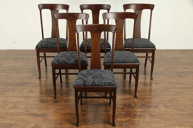 Oak Quarter Sawn Set of 6 Antique Dining Chairs, New Upholstery #32422 photo