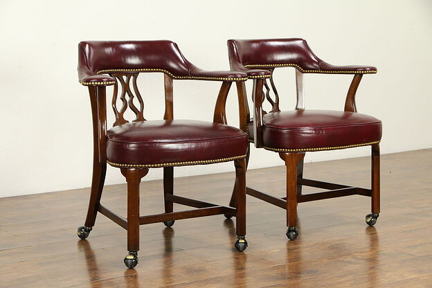 Pair Leather Vintage Rolling Game Table, Library, Office Chairs, Hickory #32431 photo